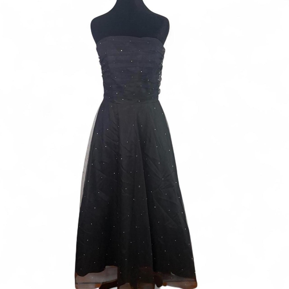 Vintage Scott McClintock Black Tulle Rhinestone Strapless Gown Dress 10P Petite